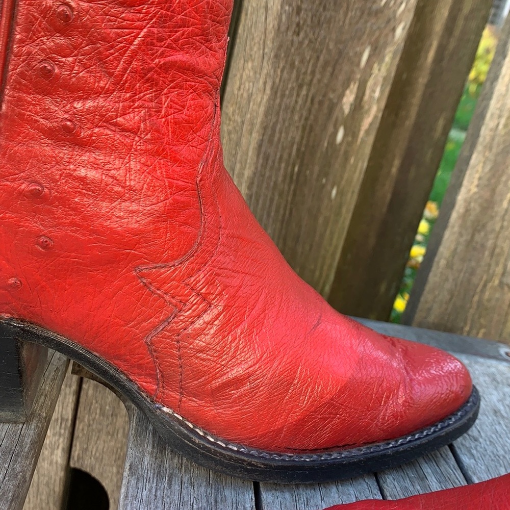 LARRY MAHAN VTG Ostrich Exotic Tall Knee High Red Painted Cowboy Western Boots - Picture 4 of 13